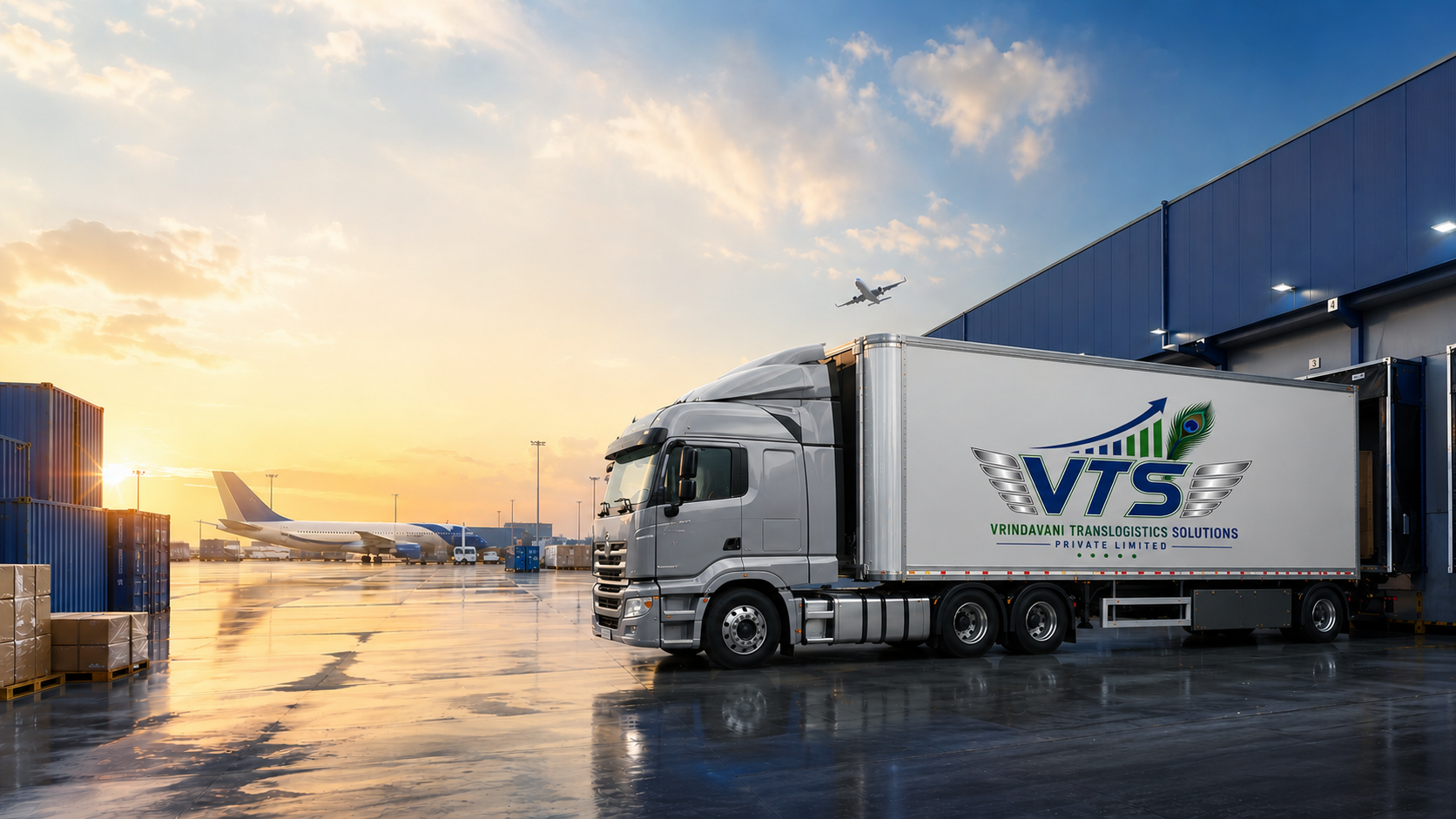 Modern logistics hub with trucks and aircraft